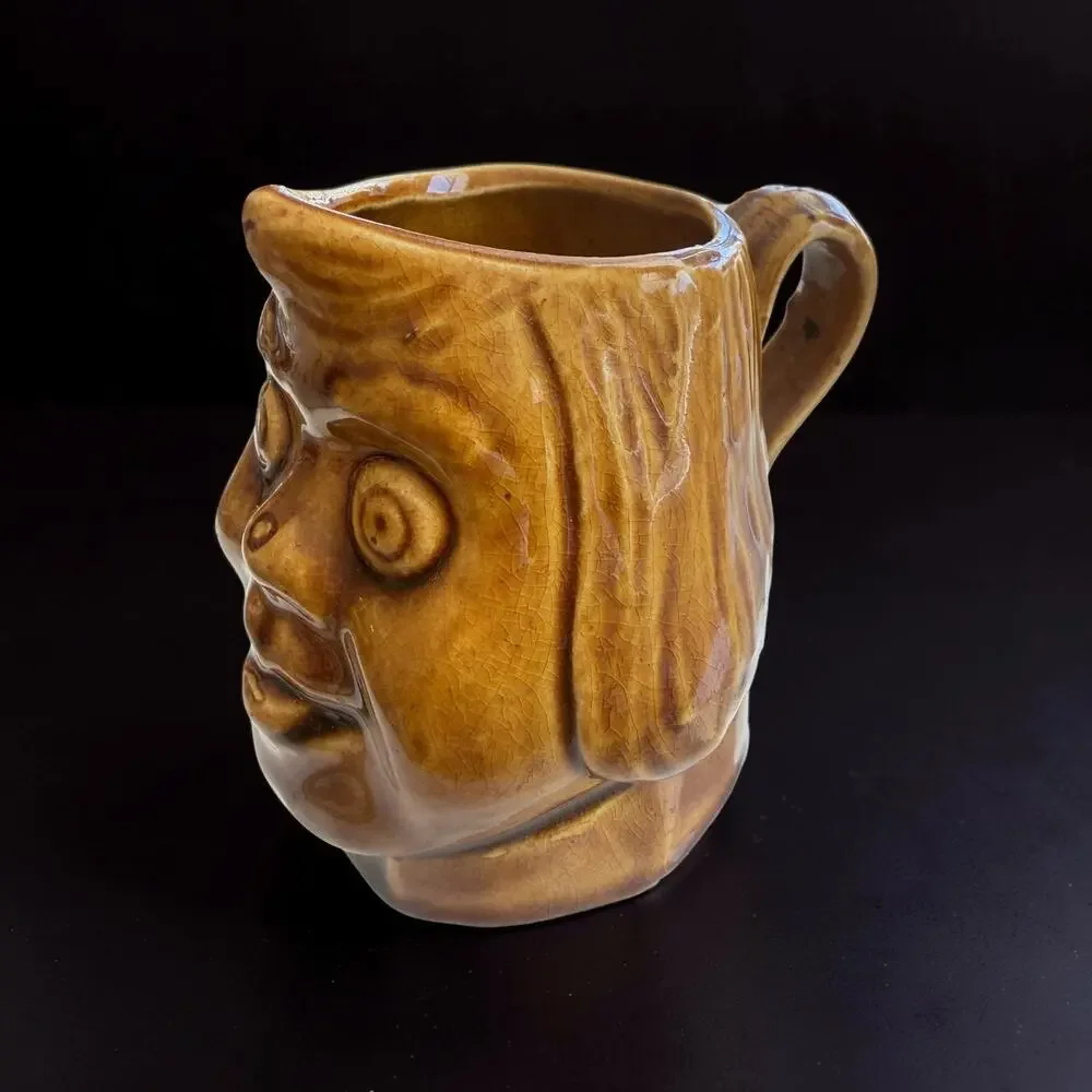 Vintage Small Character Face Mug Brown Glazed Folk Art Pottery Pitcher
